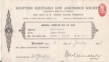 SCOTTISH EQUITABLE LIFE ASSURANCE SOCIETY 1906 Renewal Penny Stamp Receipt 46884