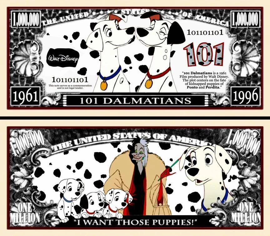 LES 101 DALMATIENS - BILLET ONE MILLION DOLLAR US ! Collection Film Walt Disney