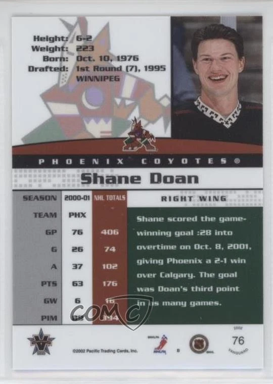 2001-02 Pacific Vanguard Blue /89 Shane Doan #76 - Image 2 of 2