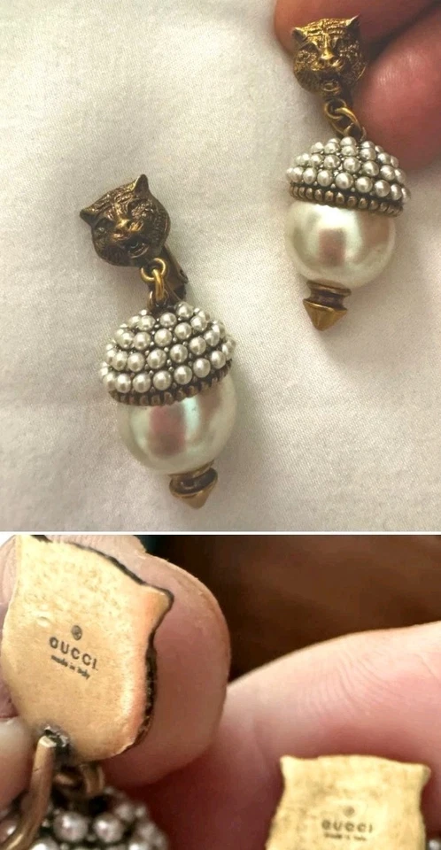 Gucci Pre-Owned Feline Tiger Head Embellished Faux Pearl Clip On Earrings - Image 3 of 4