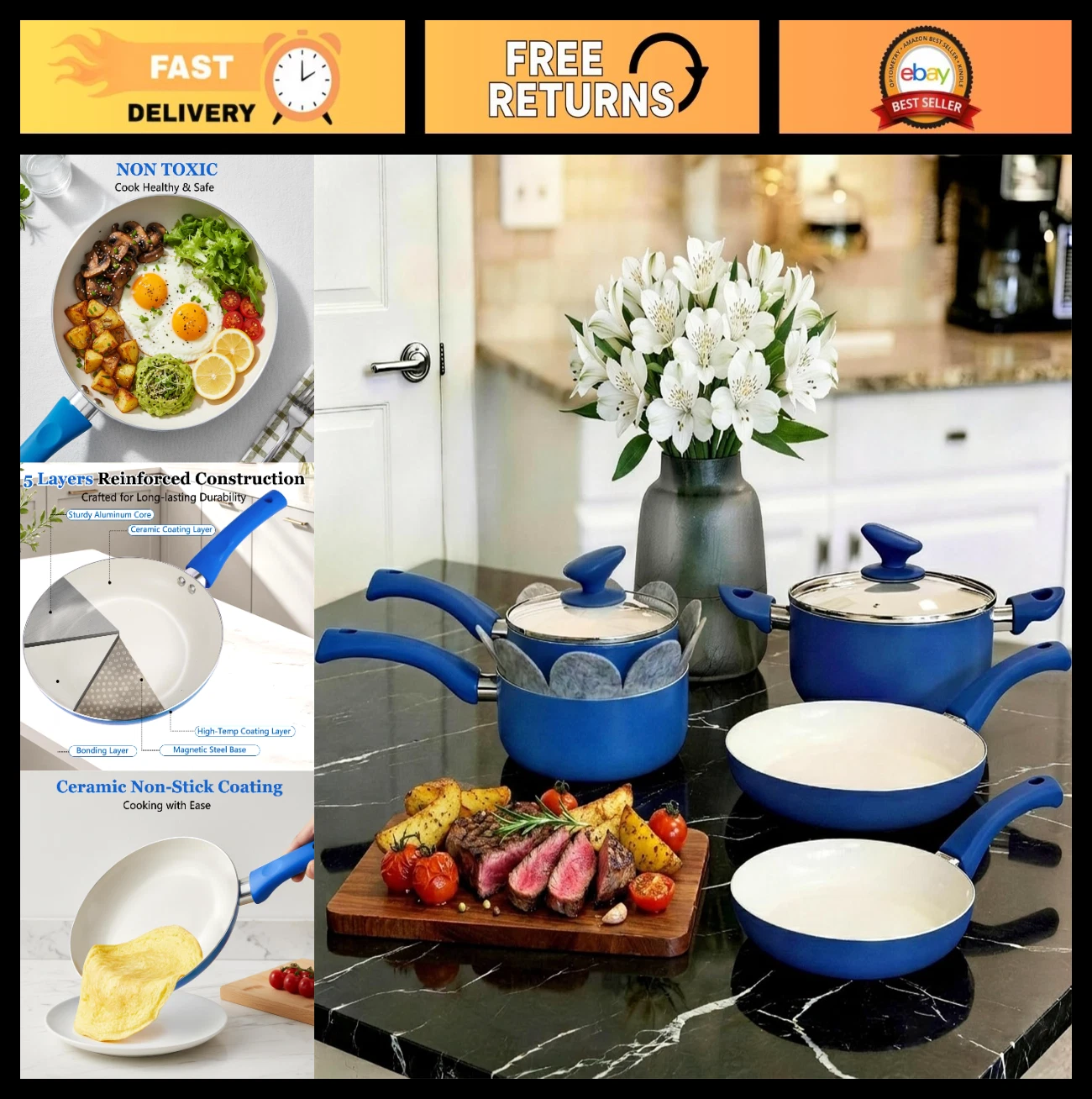 12-Piece Nonstick Ceramic Cookware Set, Induction Ready, Stay-Cool Handles, PFOA