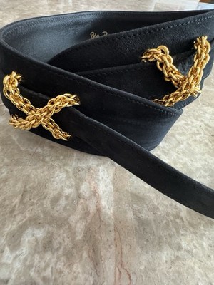 Paloma Picasso 1980s Black Suede leather Belt iconic Gold-tone X Fashion Small