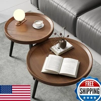 2PCS Small Round Coffee Table Set, Walnut Mid Century Modern Nesting Tables