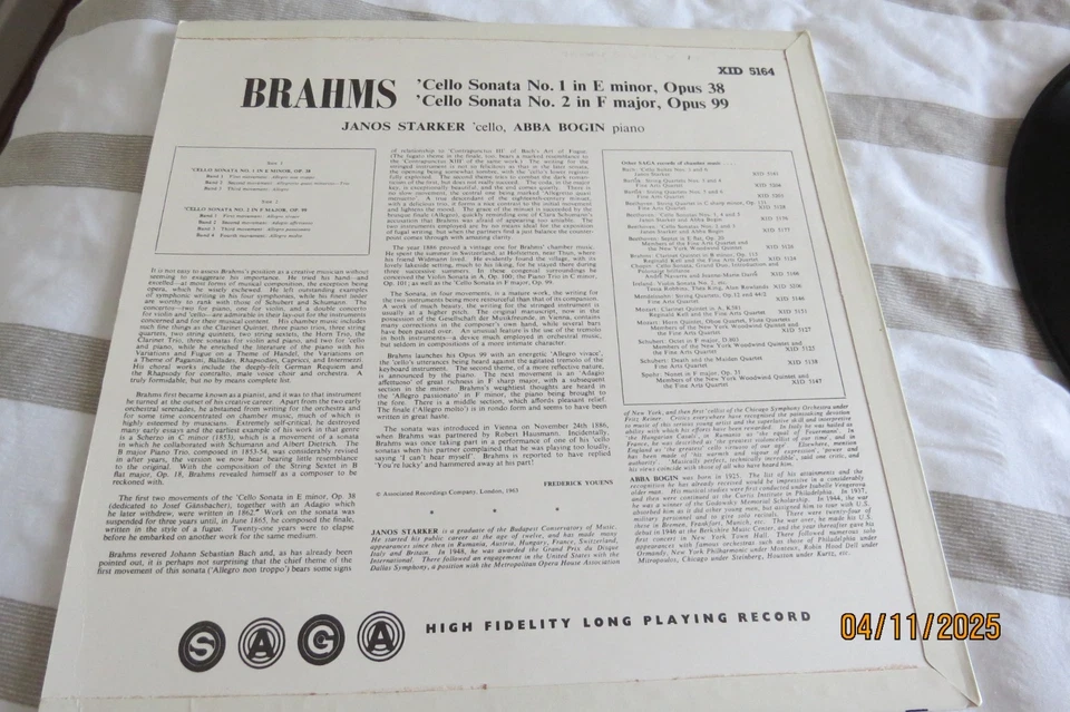 XID 5164 JANOS STARKER Brahms Cello Sonata No.1 & 2 Abba Bogin LP MINT VINYL - Image 3 of 4