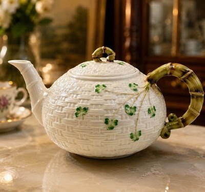 Vintage Belleek Ireland Shamrock Basketweave Porcelain Teapot Bamboo Handle...