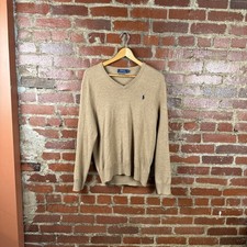 Polo Ralph Lauren Sweater Mens Small Beige Merino Wool V Neck Knit Pony