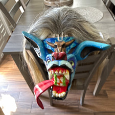 Tastoan Hand Painted Blue Wolf Mask w/ Gray Faux Fur Mane  Red Tongue, Wearable