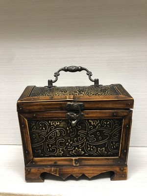 VTG Wood & Embossed Metal Small Treasure Chest Box W/latch Swirling Vines 6x7 