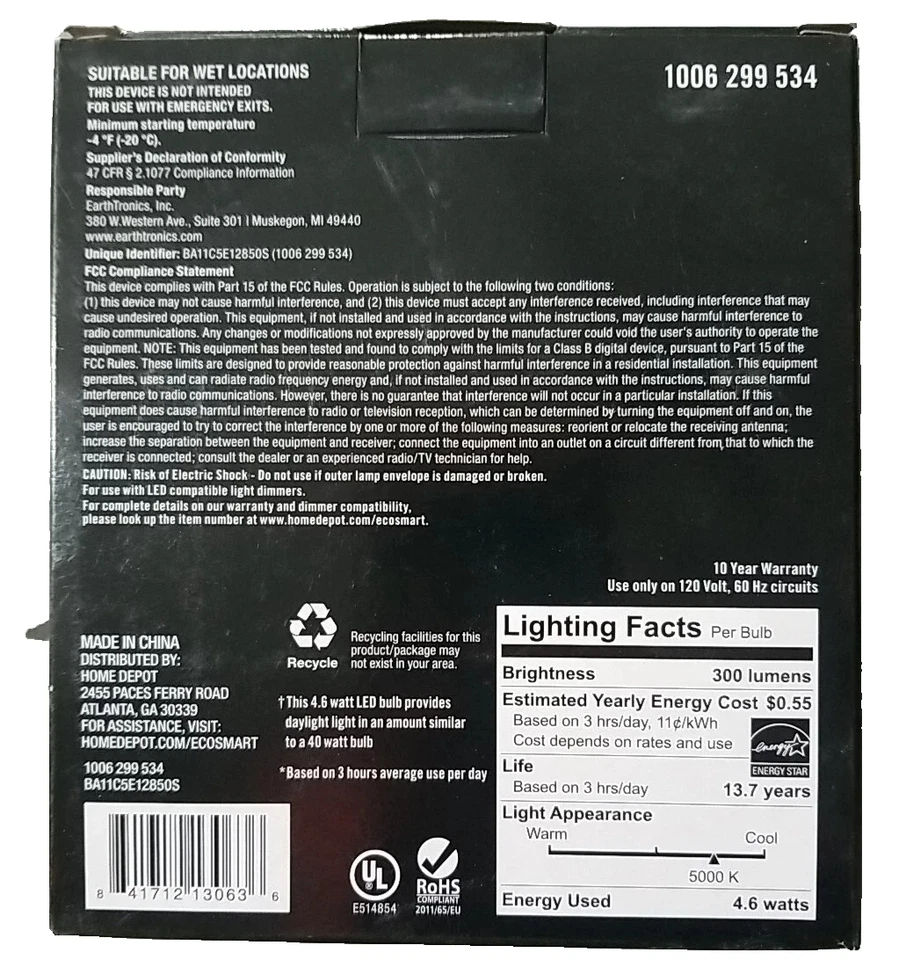 Ecosmart 40 Watt LED Dimmable DAYLIGHT Clear Glass Candelabra Bulbs 3 X (3 Pack) - Image 2 of 4