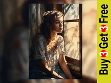 Woman Sitting at a Sunlit Window, 5"x7" Print on Matte Paper, Serene Portrait