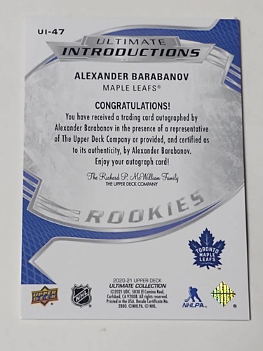 2020-21 ULTIMATE INTRODUCTIONS ALEXANDER BARABANOV AUTO AUTOGRAPH RC ROOKIE - Picture 2 of 2