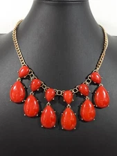 Charming Charlie Orange Red Teardrop Charm Cabochon Statement Necklace Goldtone