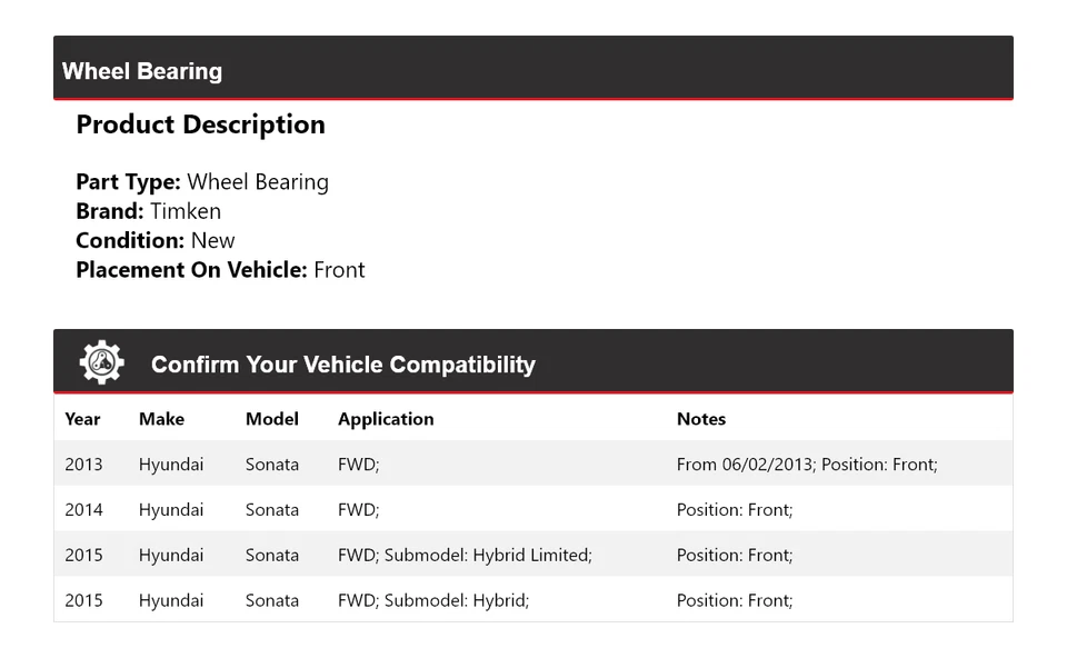 Cojinete de rueda delantero Timken 2014 para Hyundai Sonata 2013-2015 tracción delantera Foto 2 de 4