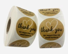 Thank You for Support Small Bus 1.37"  White Heart Kraft Stickers 2RLS of 500 EA