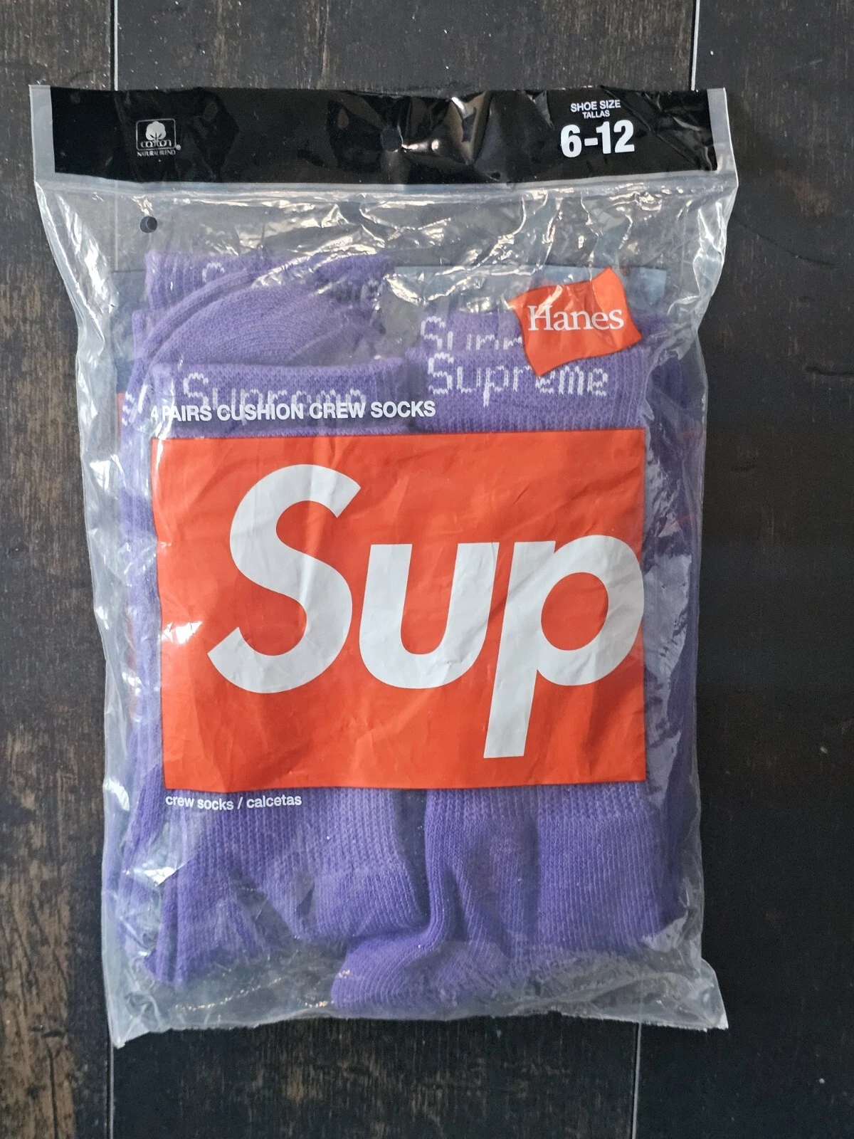 NEUF chaussettes équipage à coussin violet Supreme x Hanes pack de 4 tailles 6 12 SS21 autocollant gratuit