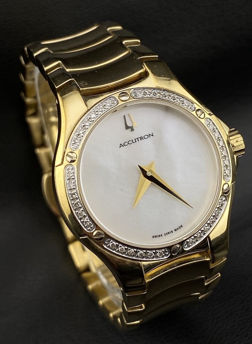 Accutron Bulova Gold Tone Pearlescent Dial Diamond Bezel Swiss