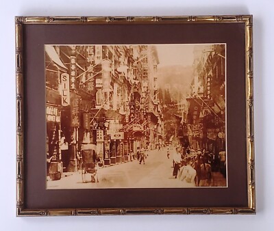 Vintage Framed Sepia Street Scene Photograph Queen's Road in Hong Kong