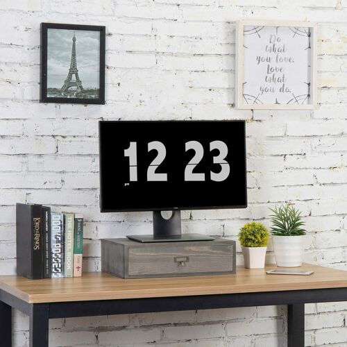 Rustic Grey Wooden Desktop Monitor Stand w/ Pull Out Storage Drawer & Label - Picture 3 of 6