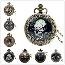 Christmas Skull Vintage Bronze Men Women Quartz Pocket Watch Necklace Chain Gift