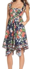 Eliza J. Women's Sz. Small Navy Floral Handkerchief Hem Dress