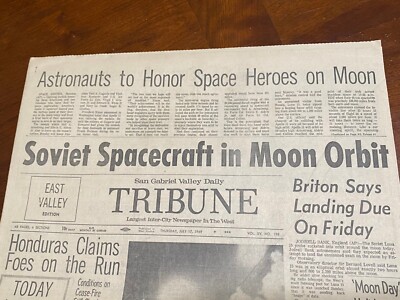 Headlines ''Soviet Spacecraft in Moon Orbit'' Luna 15 Newspaper 1969