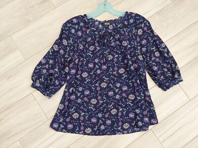 A.N.A. A New Approach Blue Floral Elbow Sleeve Tie Neck Boho Blouse.    Size M