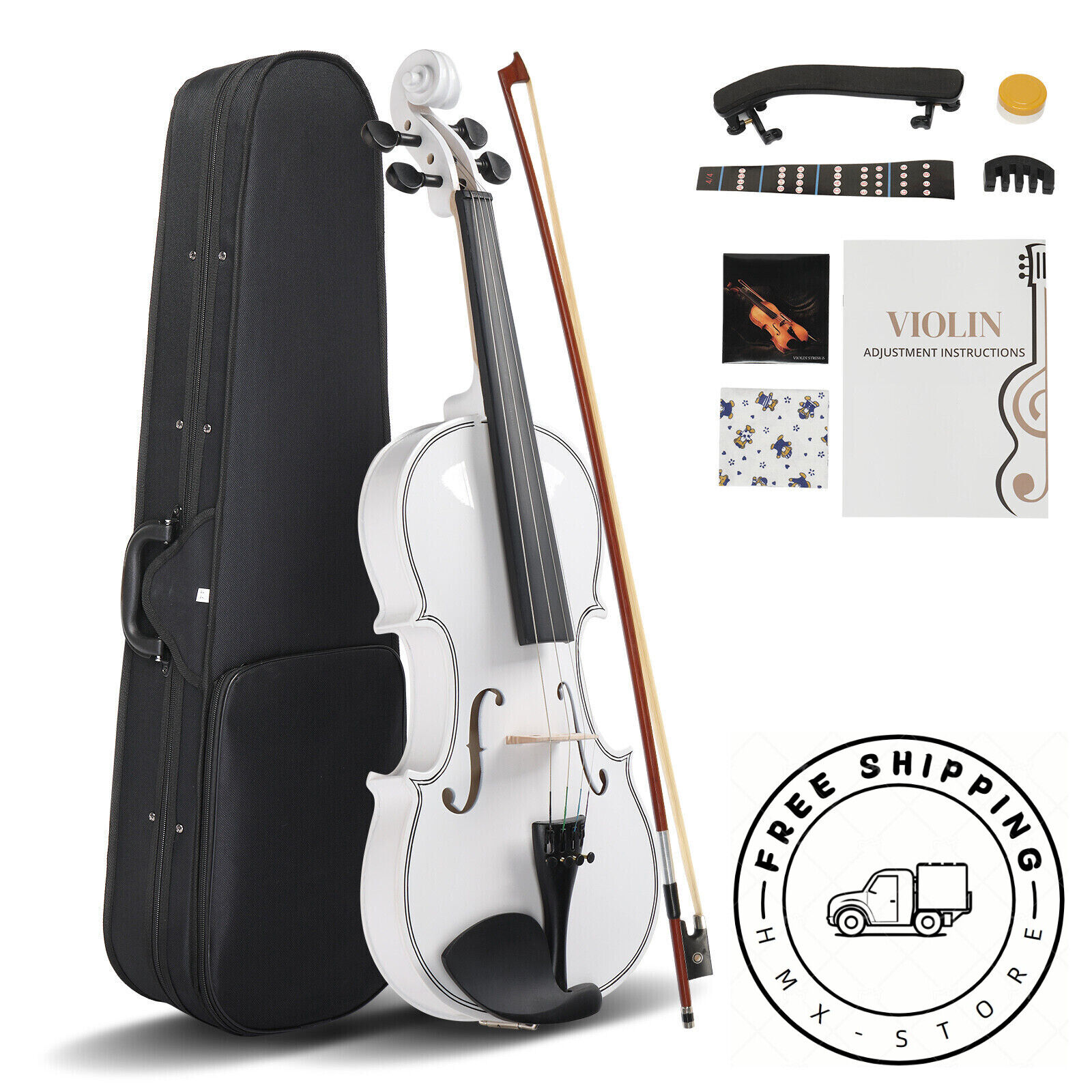 New Full Size 4/4 Violin Set Case+Bow+Shoulder Rest+Rosin+Strings+Bridge+Sordine