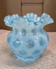 Vintage Fenton Blue Opalescent Coin Dot Ruffled Vase 5" Art Glass Mid-Century