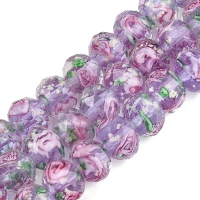 80pcs Flower Round Faceted Lampwork Glass Beads Purple Flower Beads For DIY