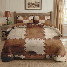 Queen Size Comforter Set with 2 Pillowcases, Retro Vintage Rustic Cow Print S...