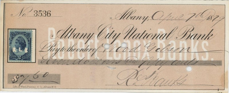 Robert Lenox Banks Sr- Signed 1879 Bank Check