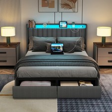Queen Size Metal LED Bed Frame with Storage Upholstered Headboard and Bed Drawer