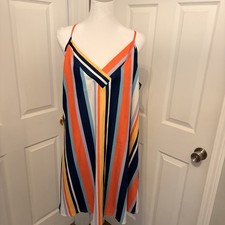Multicolor Vertical Striped Slip Dress V-Neck Mini Sundress XL Casual Boho EUC