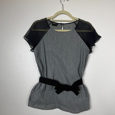 Emporio Armani Striped Navy White Belted Blouse Work Structured Round Neck Sheer