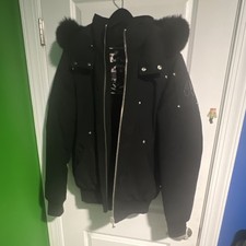 Moose Knuckles Men's Black Fur Trim Hooded Jacket Logo Button Zipper Pockets M