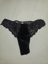 Vtg 2001 Victoria's Secret Black Lace Velvet Thong S Y2K Coquette Luxe 14