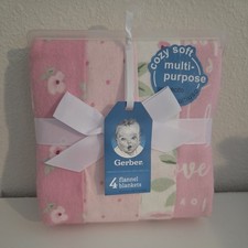 Gerber Lot of 4 LOVE Flowers Pink Flannel Blankets Baby Girl NWT Cotton 30 x 30