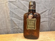 Antique Four Roses Embossed Whiskey Bottle w/Labels & Shot Glass Cap & Cork
