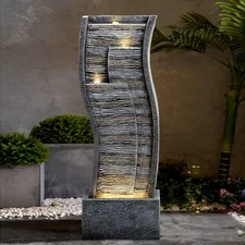 Outdoor Water Feature – Tiered Resin Fountain w/LED Lighting for Backyard Vibes