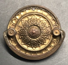 VTG Brass Rosette Floral Style Drop Ring Drawer Pull 1 7/8" Diameter