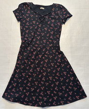Hollister Floral Skater Dress Womens XS Black Lace Up Short Sleeve