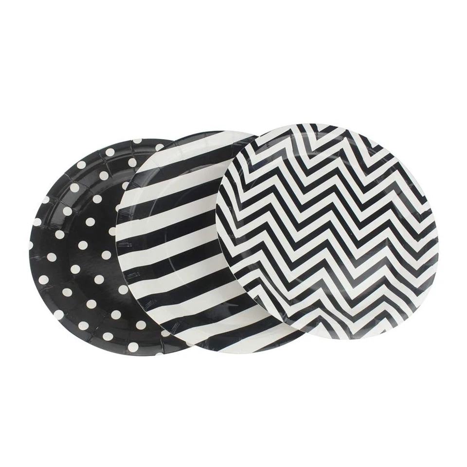 Platos de papel Chevron de 9 pulgadas redondos a lunares a rayas negras 36 piezas Foto 3 de 4