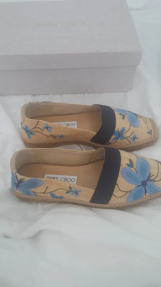 Jimmy Choo Zapatos Mujer 36 Lindo Bordado Flor Rafia Alpargatas. Talla real. Foto 2 de 4