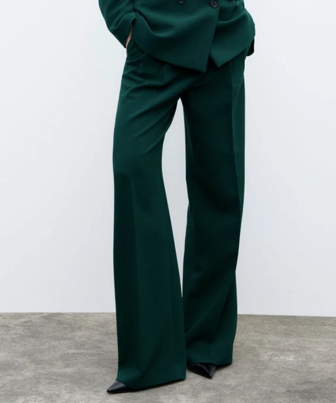 ZARA NEW WOMAN MID-RISE PANTS FULL LENGTH WIDE LEG GREEN 2761/266