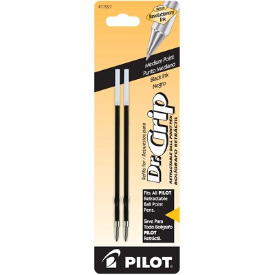 77227 Pilot Dr. Grip Retractable Pen Refill, Medium Pt, Black Ink, 2 Packs of 2