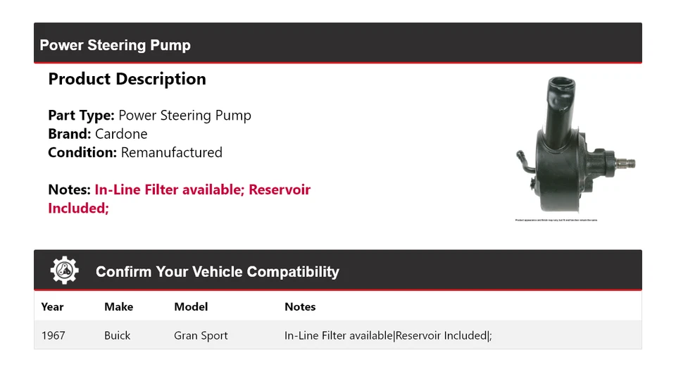 Bomba de dirección asistida Cardone para Buick Gran Sport 1967 Foto 2 de 4