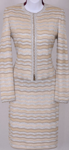 ST.JOHN Women's Gold Beige Silver Sequins Studs Rhinestone Jacket & Dress Sz 10