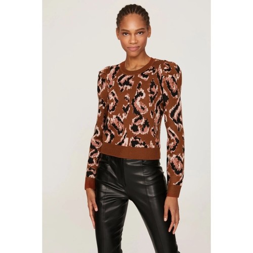 DEREK LAM Collective Brown Animal Print Sweater Leopard Puff Sleeves Large - Picture 4 of 14