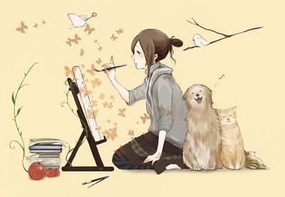 Anime girls cats dog painting butterfly birds simple playmat gaming mat