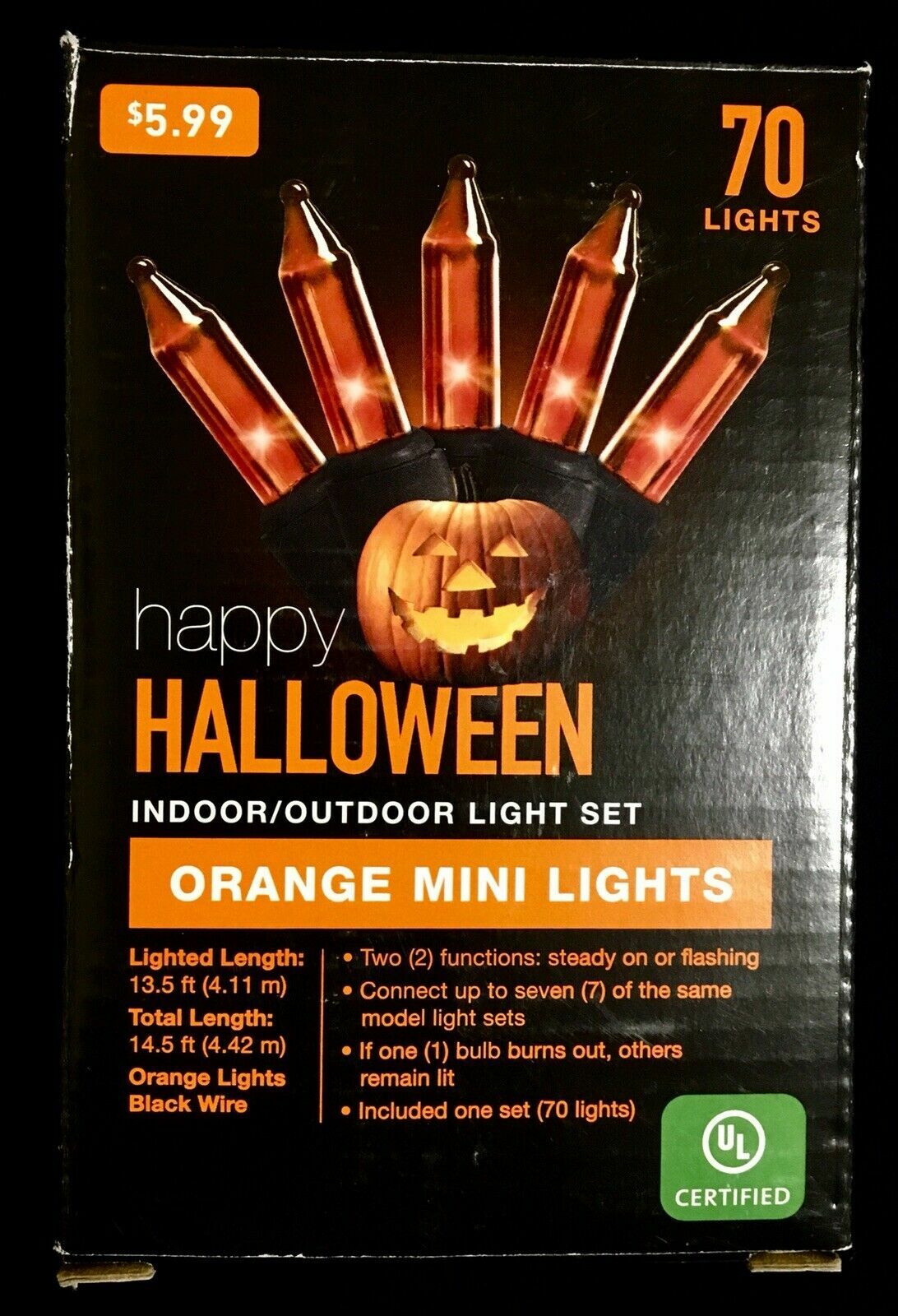 NIB happy Halloween 70 ORANGE Mini Lights With Black Wire Connect Sets